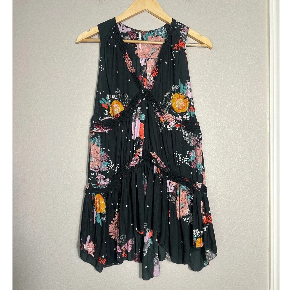 Free People‎ Haze Black Floral Tunic Top XS Mini Dress Coverup Boho Country